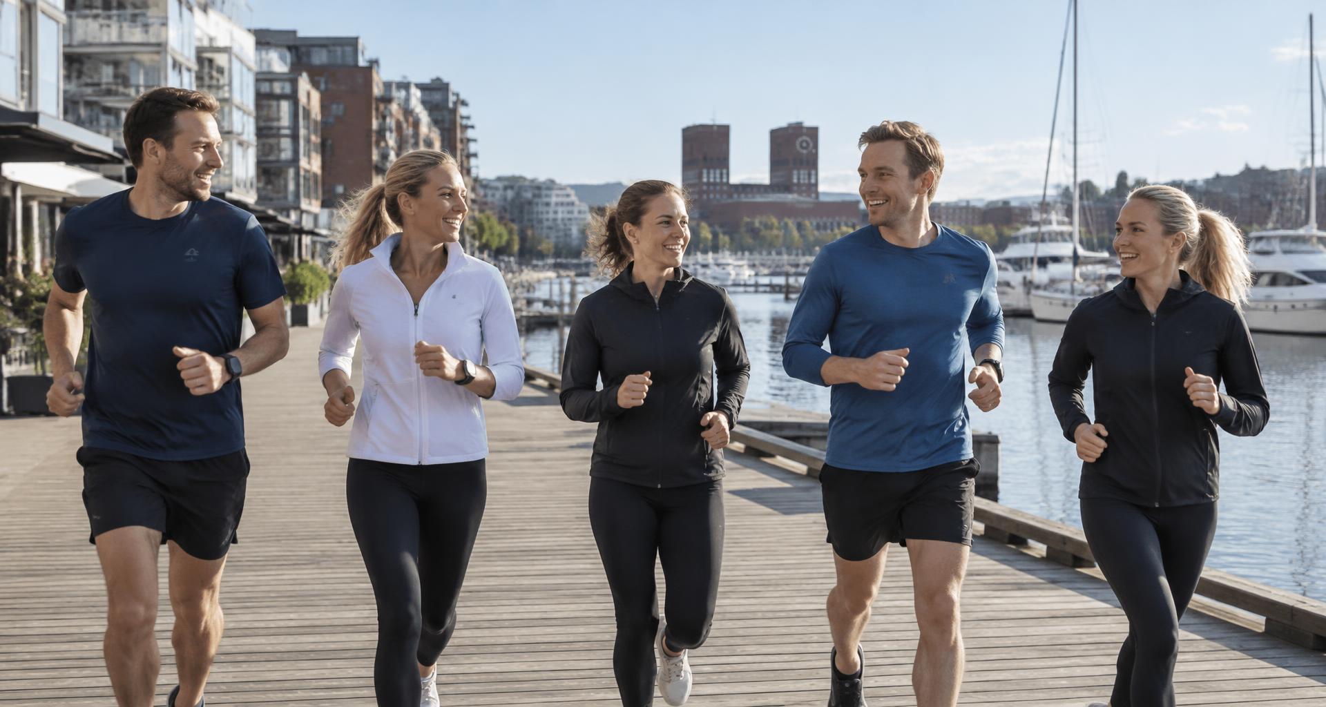 Group of colleagues running together on the Oslo waterfront