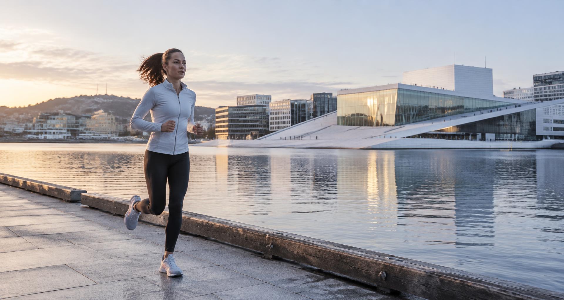 Runner on the Oslo waterfront in early morning light