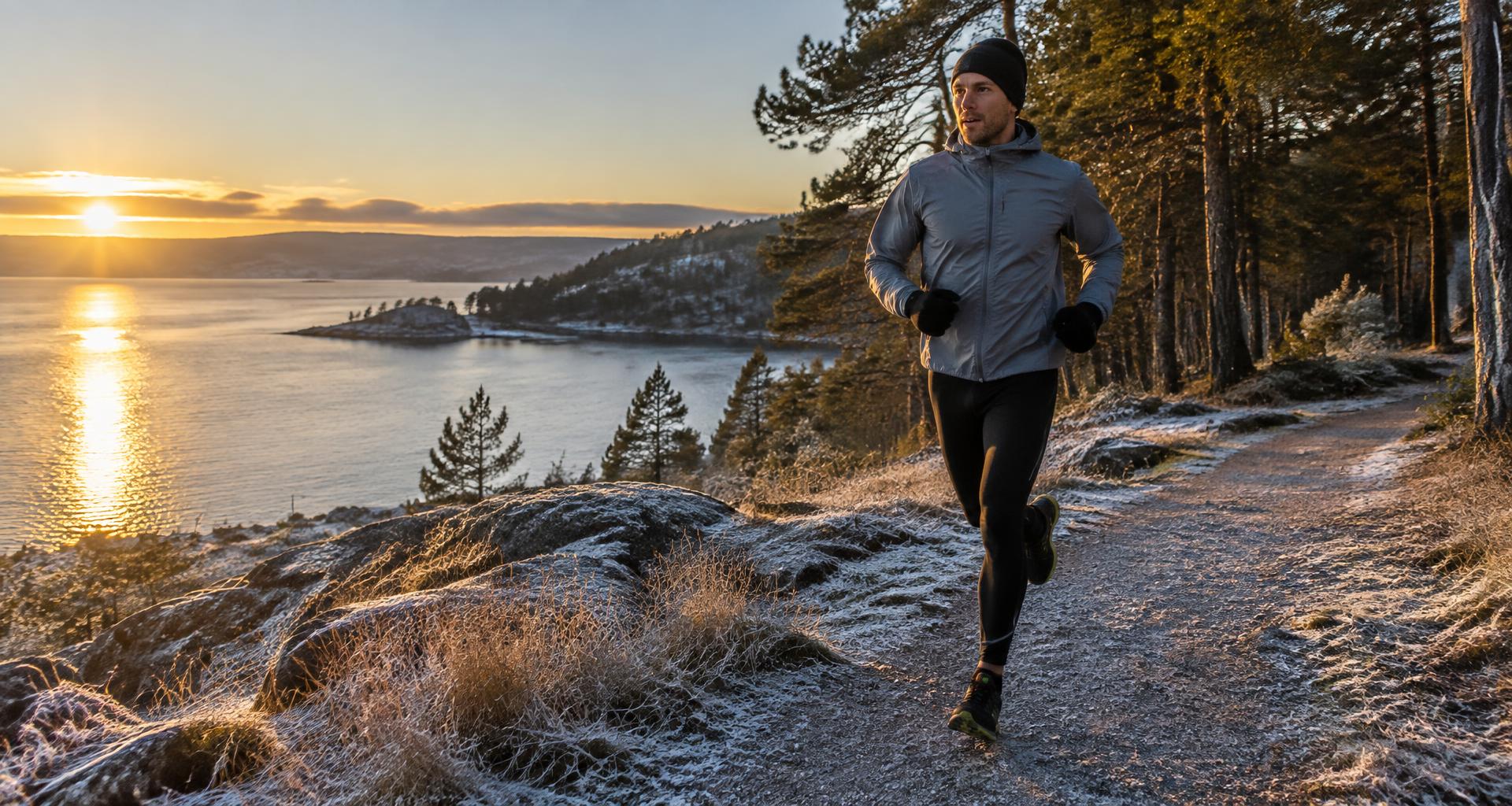 Runner on a frosty fjord path in low winter sunlight